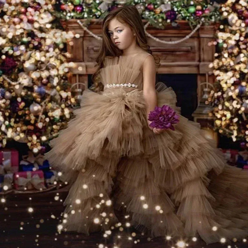 Kid Size: 2T, Color: Coffee - Baby Girls Princess Dress Sleeveless High Waist Children Mesh Tutu Dresses Girls Birthday Party Clothing Kids Wedding Dress New