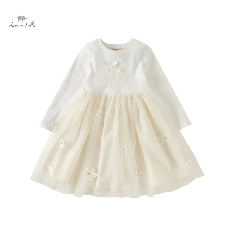 Color: Beige, Kid Size: 13T - Dave Bella Girl's Dress Children's Kids' 2024 New Spring Princess Dress Charm Sweet Gentle Fashion Mesh Party Outdoor DK1248740