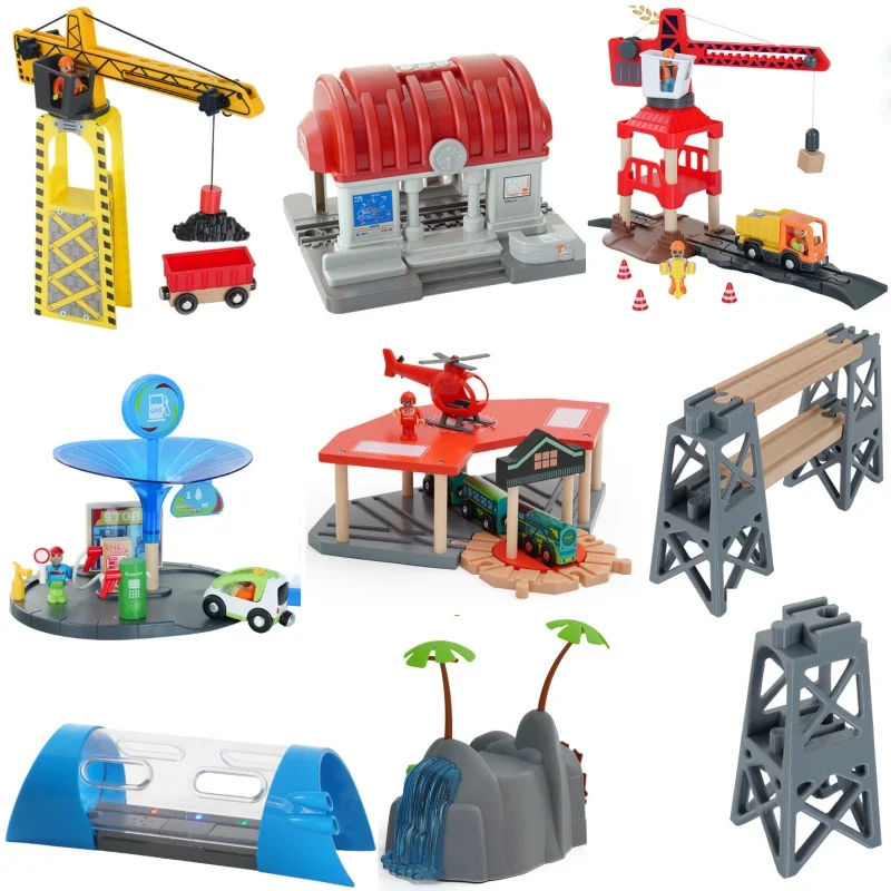 Color: Dark Khaki - Wooden Train Tracks Railway Toys Set Parking lot apron fire station gas station rotary crane Overpass Model for Kids Toys Gifts