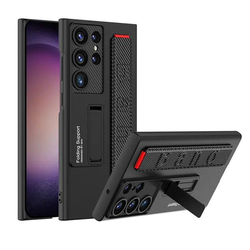 Color: Beige, Material: aluminum - S24 Ultra Wrist Strap Holder Case For Samsung Galaxy S23 Ultra Carbon Fiber Shockproof Armor Camera Protector Kickstand Cover