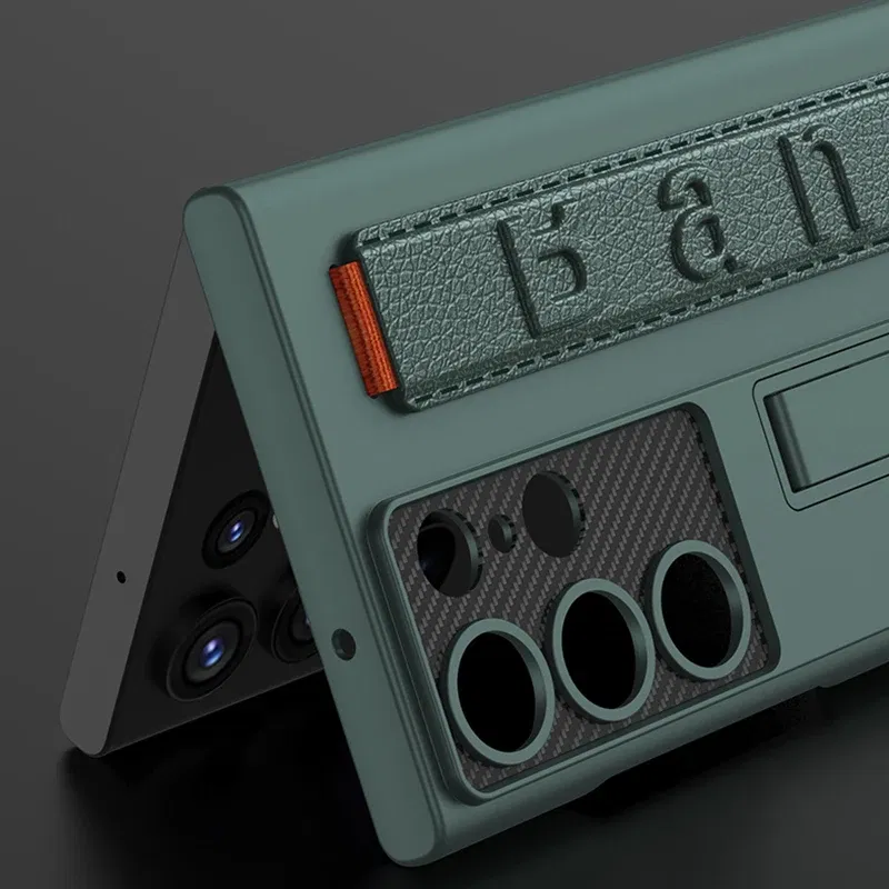 Color: Beige, Material: aluminum - S24 Ultra Wrist Strap Holder Case For Samsung Galaxy S23 Ultra Carbon Fiber Shockproof Armor Camera Protector Kickstand Cover