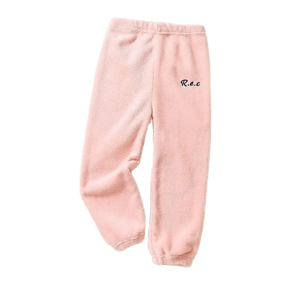 Color: Pink, Kid Size: 4T - Children Thicken Fleece Pants Boys and Girls Solid Letter Embroidery Sports Casual Kids Clothes Warm Leggings Clothing Winter