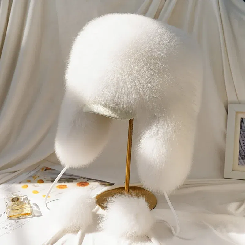 Color: PURPLE, Hat Size: 56 - 2025 Winter 100% Real Silver Fox Fur Bomber Hat Raccoon Fur Ushanka Cap Trapper Russian Men's Ski Hats Caps