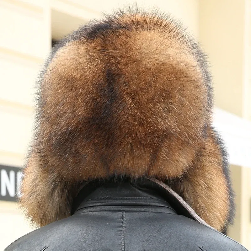 Color: PURPLE, Hat Size: 56 - 2025 Winter 100% Real Silver Fox Fur Bomber Hat Raccoon Fur Ushanka Cap Trapper Russian Men's Ski Hats Caps