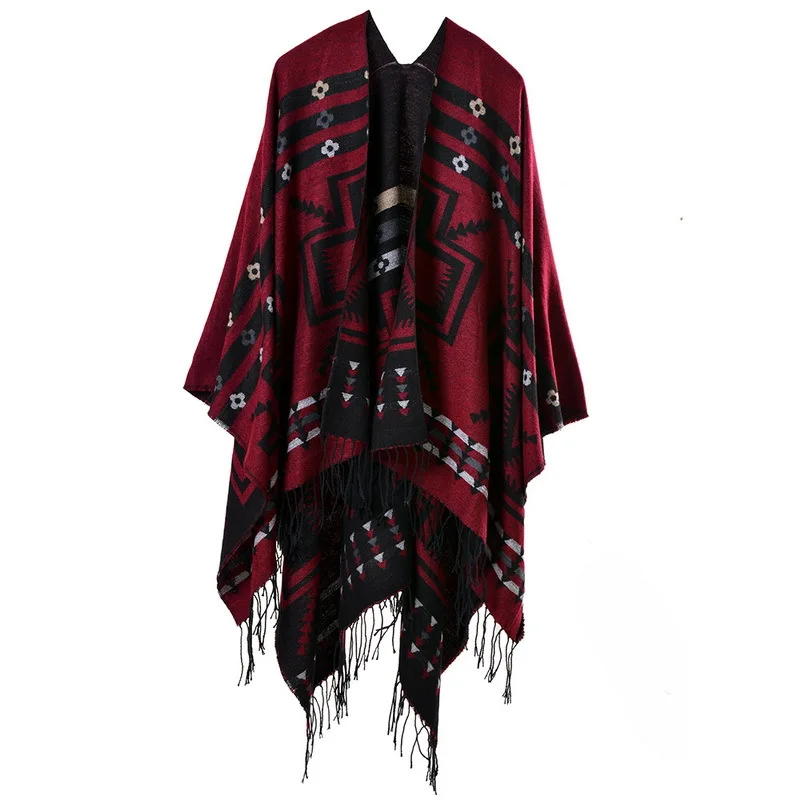 Color: Blue, Size: One Size, Ships From: CHINA - European American Popular Tassel Thickened Cashmere Like National Style Travel Fork Shawl Scarf in autumn Ponchos Capes
