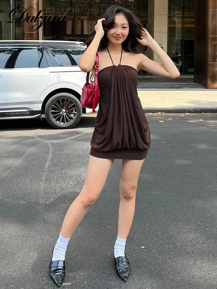 Color: Coffee, Size: L - Dulzura Sexy Mini Halter Ruched Backless Short Dress Solid Sleeveless Women Dresses Summer Lady Party Birthday Club Clothes Y2K