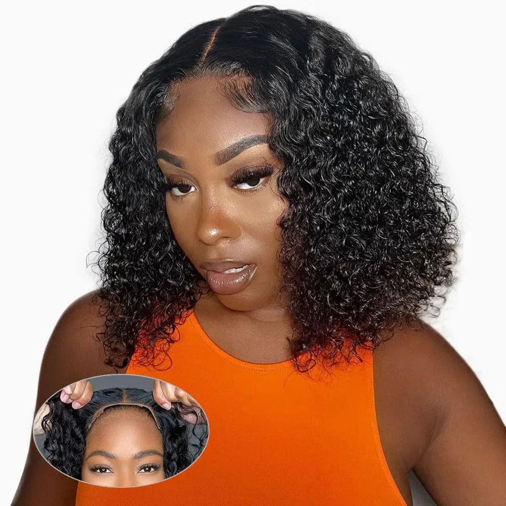 Hair Color: #1B, Ships From: United States, Stretched Length: 14inches, Density: 150% - Wear and Go Water Wave Glueless Bob Wigs Pre-plucked 7x5 HD Lace Closure Wig Pre-cut Lace Frontal Bob Wigs With Bleached Knots