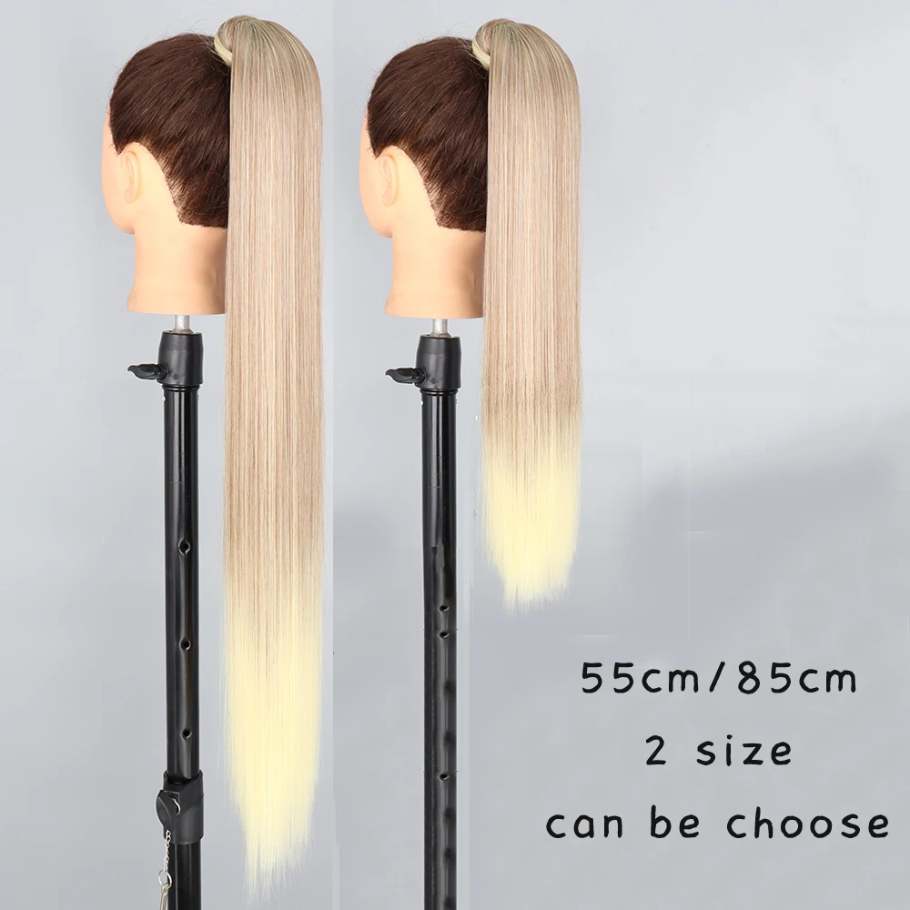 Color: P18/613, Stretched Length: 22inches - AZQUEEN Straight Synthetic Hairpiece With Ponytail 85cm Super Long Wrap Around Clip In Hair Extensions Pony Tail For Daily Wear