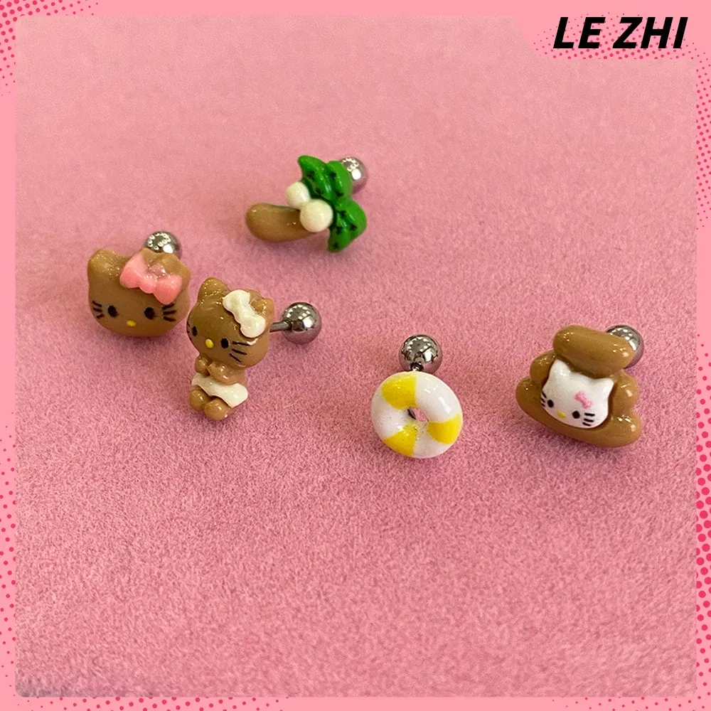 Color: Light Grey, Size: M - Hawaii HelloKitty Cute Ear Stud Coconut Palm Earrings Anime Accessories Maiden Heart Girls Birthday Present Fashion Jewelry Gift