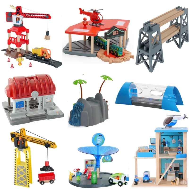 Color: Brown - Wooden Train Tracks Railway Toys Set Parking lot apron fire station gas station rotary crane Overpass Model for Kids Toys Gifts