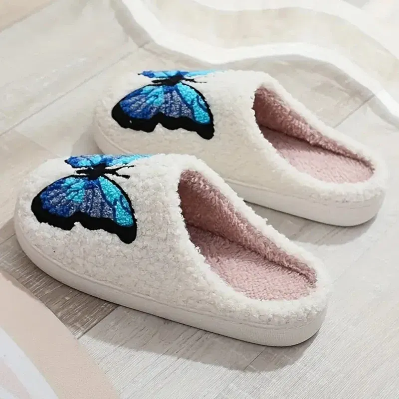 Color: Blue, Shoe Size: 44-45 - Lucyever Butterfly Embroidery Plush Woman Slippers Non Slip Soft Home Slides Shoes Women Winter Comfy Warm Cotton Shoes Female
