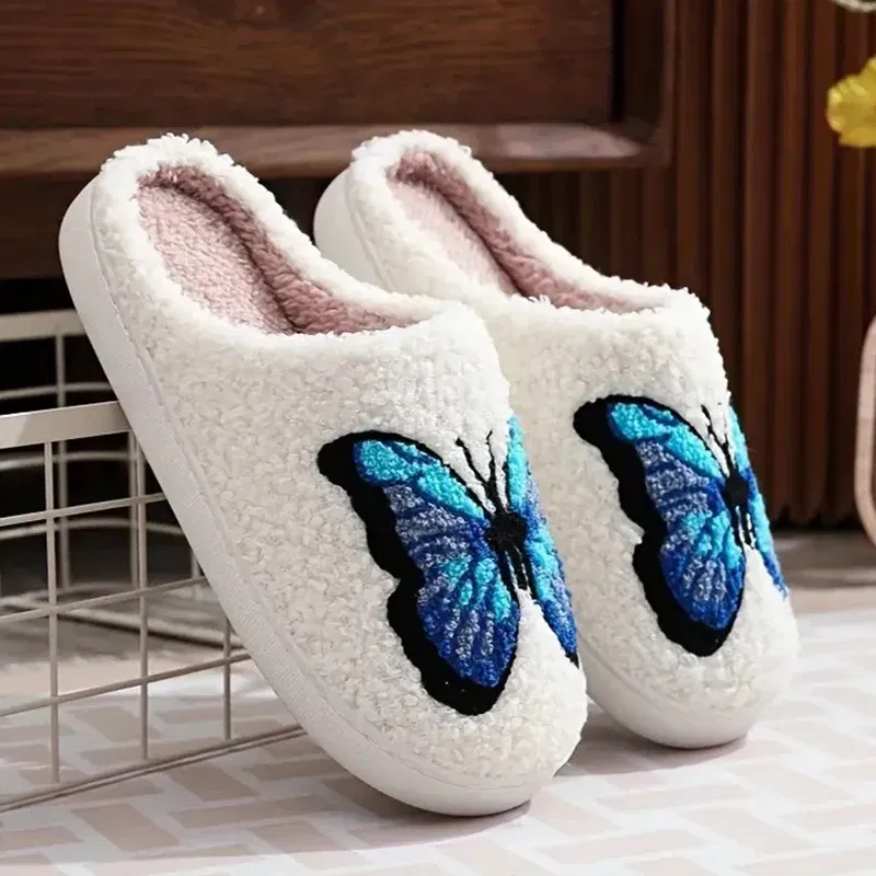 Color: Blue, Shoe Size: 44-45 - Lucyever Butterfly Embroidery Plush Woman Slippers Non Slip Soft Home Slides Shoes Women Winter Comfy Warm Cotton Shoes Female