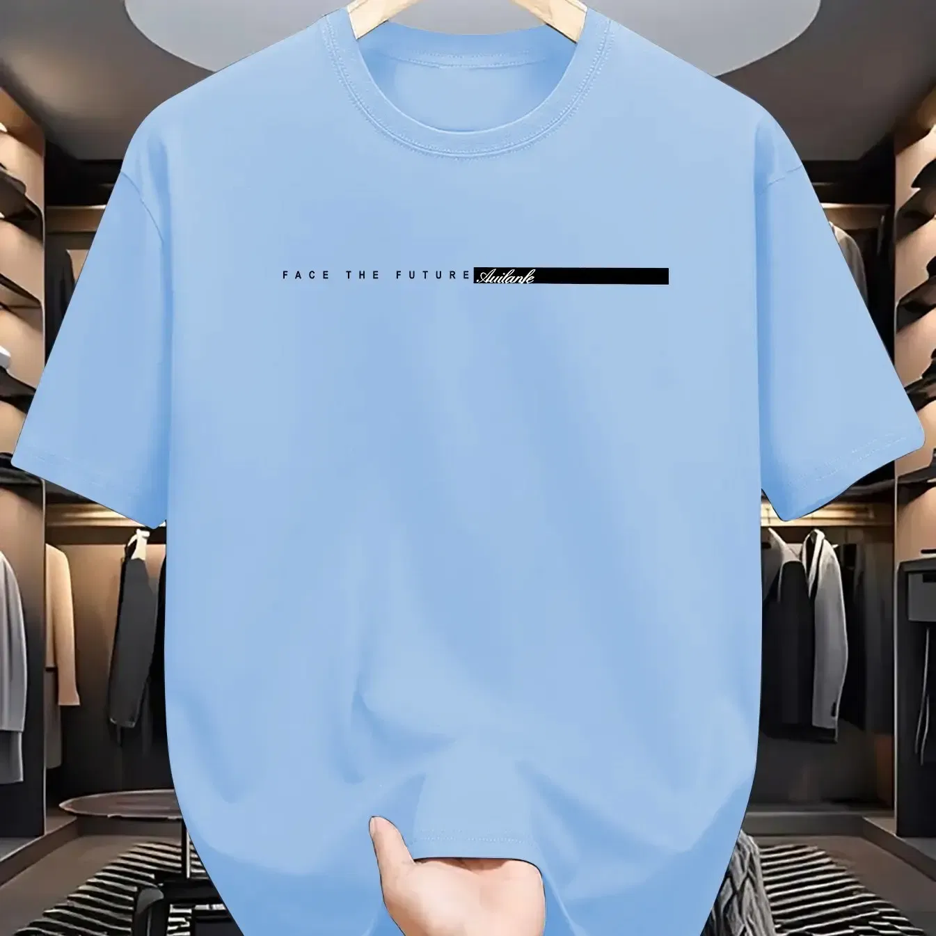 Color: Blue, Size: M - Summer men's 100% cotton casual loose fit large letter print round neck short sleeved T-shirt top High Street Unisex style