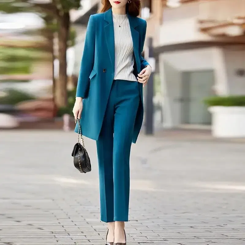 Color: Blue, Size: L, Ships From: CHINA - High End Office Professional Women's Blazer Pants 2-Piece Set Fall Fashion Long Female Jacket Over Business Suit Casual Trousers