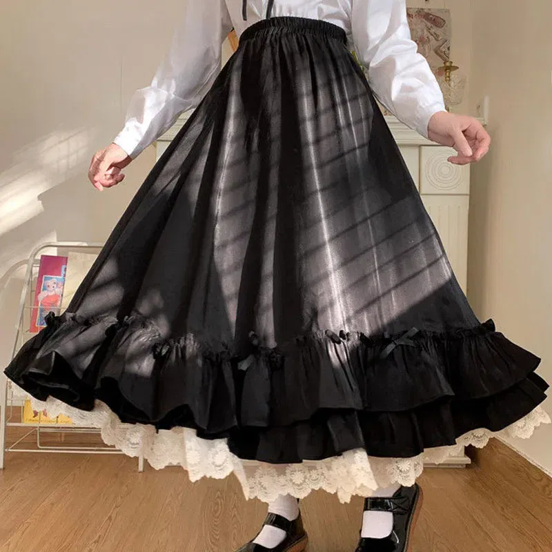 Color: WHITE, Size: M, Ships From: CHINA - Japanese ruffles pleated skirt woman sweet high waist loose Ankle-length skirts women college style black patchwork A-line skirt