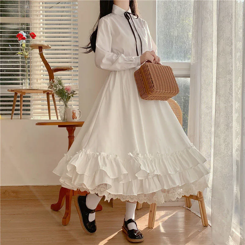 Color: WHITE, Size: M, Ships From: CHINA - Japanese ruffles pleated skirt woman sweet high waist loose Ankle-length skirts women college style black patchwork A-line skirt