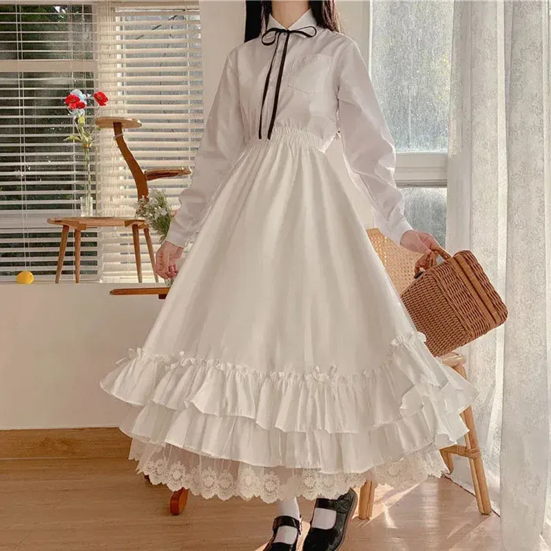 Color: WHITE, Size: M, Ships From: CHINA - Japanese ruffles pleated skirt woman sweet high waist loose Ankle-length skirts women college style black patchwork A-line skirt