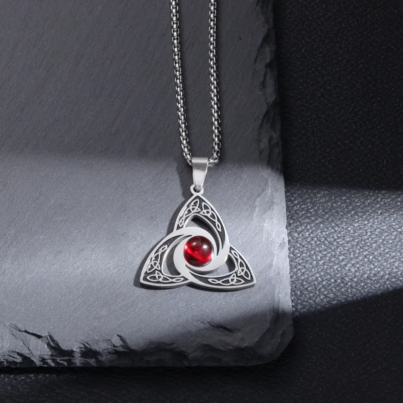Metal Color: Pink - Stainless Steel Silver Color Pattern Witch Knot Pendant Necklace Celtic Knot Lucky Jewelry Gift for Friends Family
