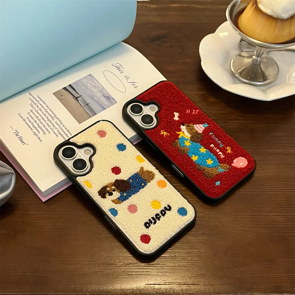 Color: Blue, Material: ABS - Luxury Cartoon Embroidery Cute Dog Cats Colorful Dots Phone Case For iPhone 13 14 15 16 Pro Max Plush Winter Shockproof Cover