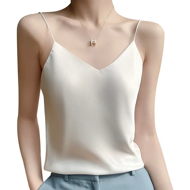 Color: WHITE, Size: XL - Fashion Silky Camisole Women's Inner With White Bottoming Satin Top Summer V-neck Thin Section