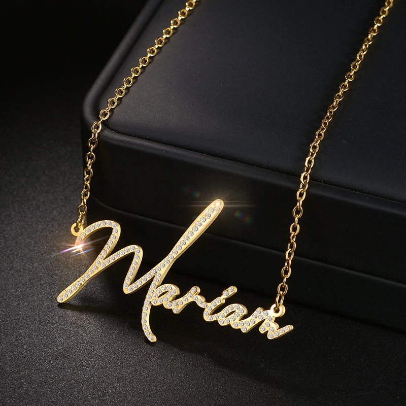 Metal Color: Light Yellow Gold Color, Length: 35cm - Auxauxme Custom Crystal Zircon Name Necklace for Women Stainless Steel Personalized Nameplate Golden Pendant Choker Jewelry Gift