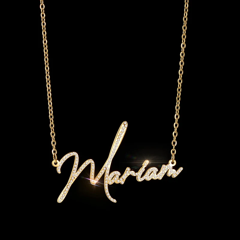Metal Color: Light Yellow Gold Color, Length: 35cm - Auxauxme Custom Crystal Zircon Name Necklace for Women Stainless Steel Personalized Nameplate Golden Pendant Choker Jewelry Gift