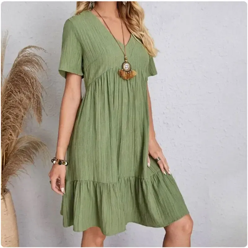 Size: S, Color: green - Women Summer Peplum Dresses Spring V-Neck Short Sleeve Loose Waist Ruffle Fit Flare Vocation Dresses