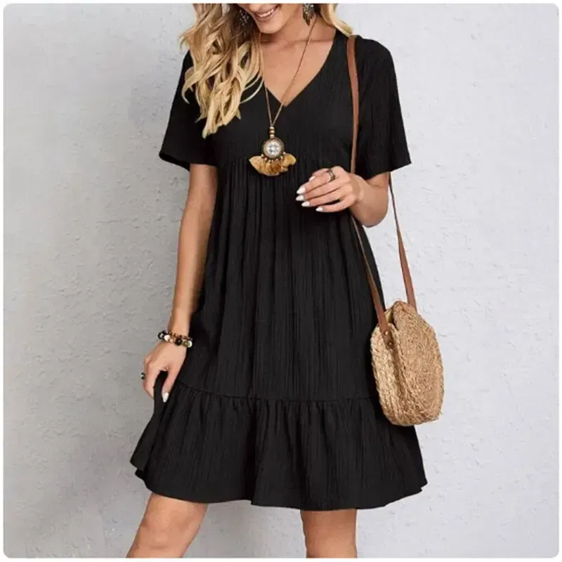 Size: S, Color: green - Women Summer Peplum Dresses Spring V-Neck Short Sleeve Loose Waist Ruffle Fit Flare Vocation Dresses
