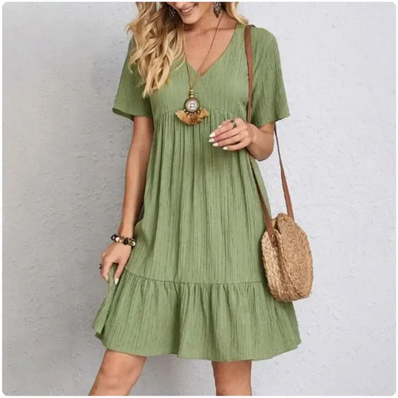Size: S, Color: green - Women Summer Peplum Dresses Spring V-Neck Short Sleeve Loose Waist Ruffle Fit Flare Vocation Dresses