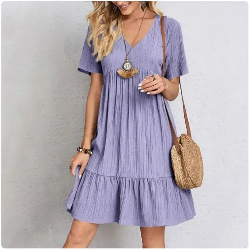 Size: S, Color: green - Women Summer Peplum Dresses Spring V-Neck Short Sleeve Loose Waist Ruffle Fit Flare Vocation Dresses