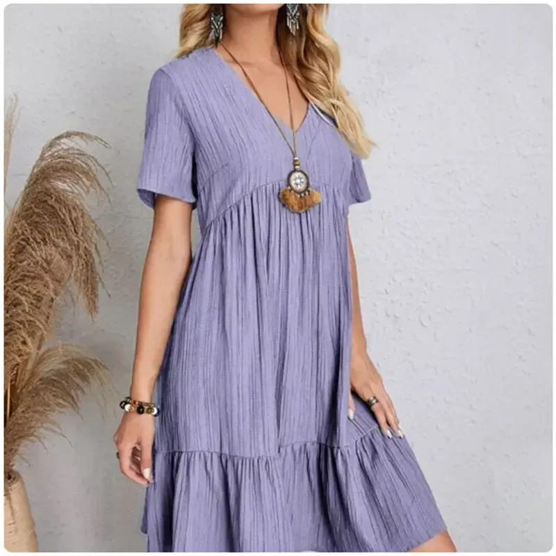 Size: S, Color: green - Women Summer Peplum Dresses Spring V-Neck Short Sleeve Loose Waist Ruffle Fit Flare Vocation Dresses