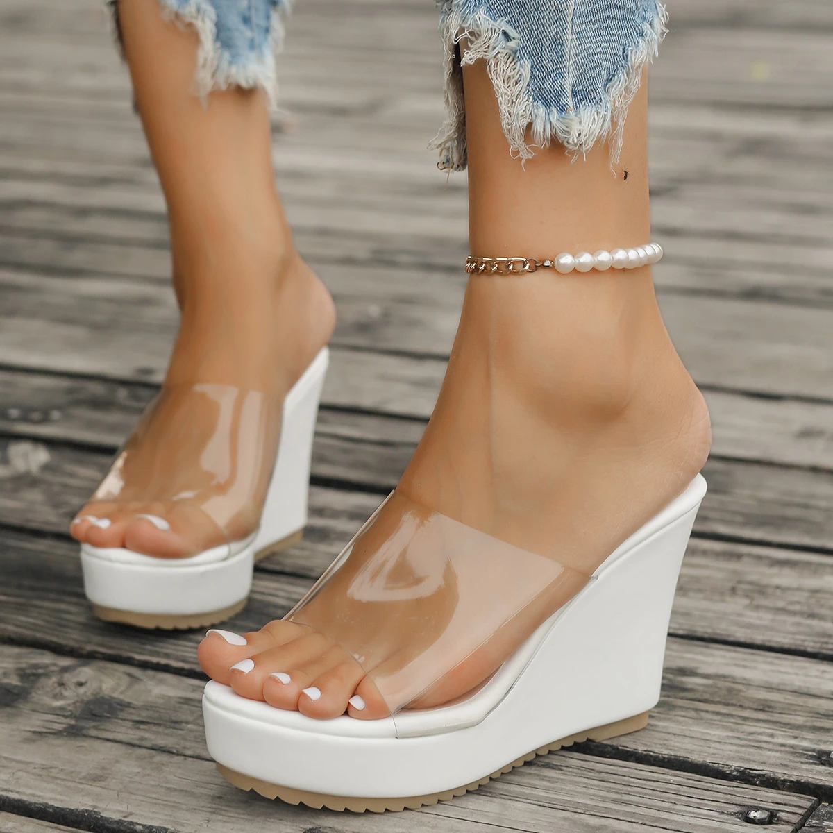 Color: WHITE, Shoe Size: 36 - 2024 Women Sandals New Casual Heels Woman Transparent Platform Wedges Non-slip Shoes Ladies Summer High Heel Large Size 35~43