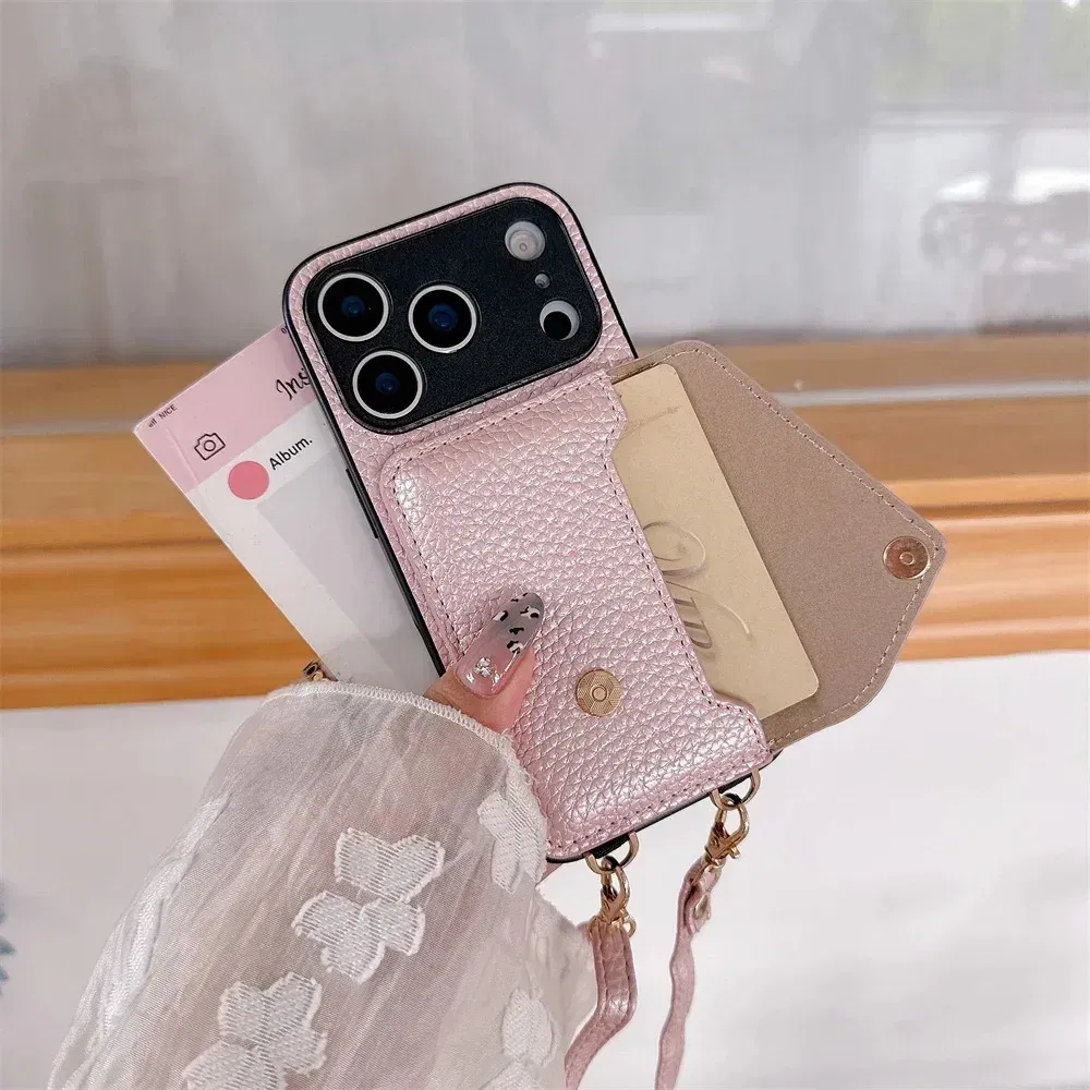 Material: ABS, Color: Beige - Crossbody wallet card holder phone case For iPhone 17Air 16, 15, 14, 13, 12, 11 Pro Max, XR with lanyard protective cover