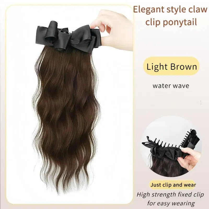 Color: 1B/30HL, Stretched Length: 18inches - Elegant Synthetic Silk Bowknot Banana Claw Clip Ponytail Wig With Grab Clip Long Wavy Layered Ponytail for Women Daily Use