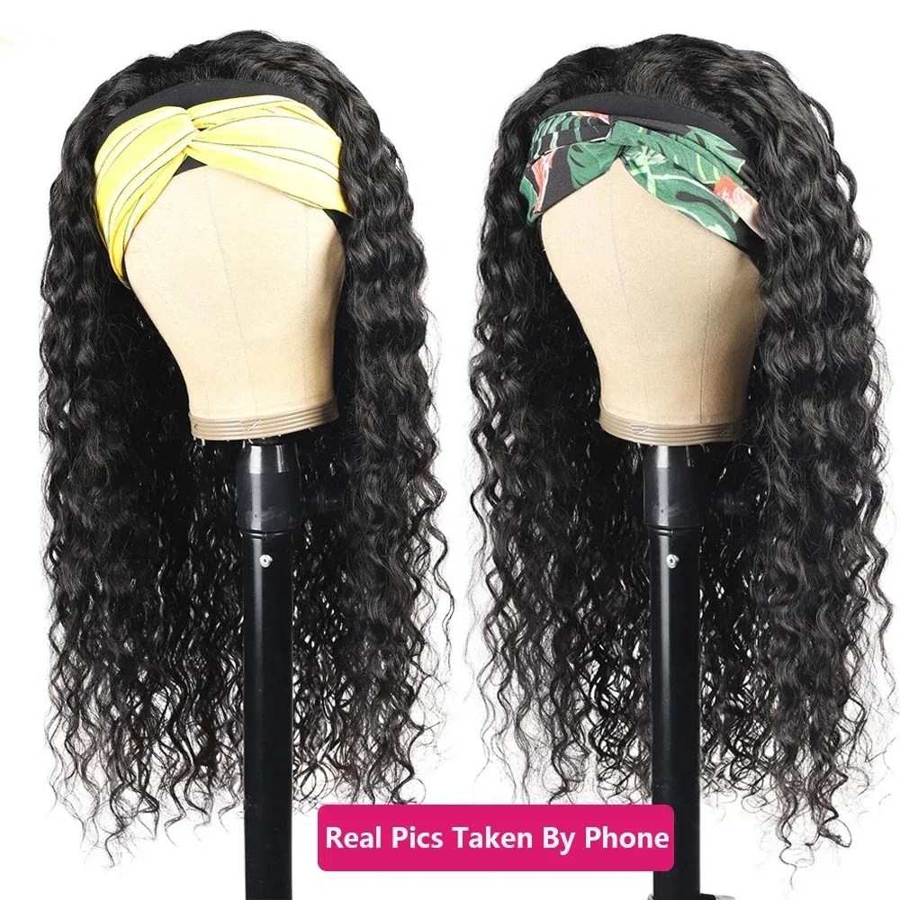 Stretched Length: 16inches, Density: 180% - Deep Wave Headband Wig Indian Human Hair Full Machine Made Wigs 200 Density For Women Easy Go Water Scarf Wigs 12-24 Inch Wig