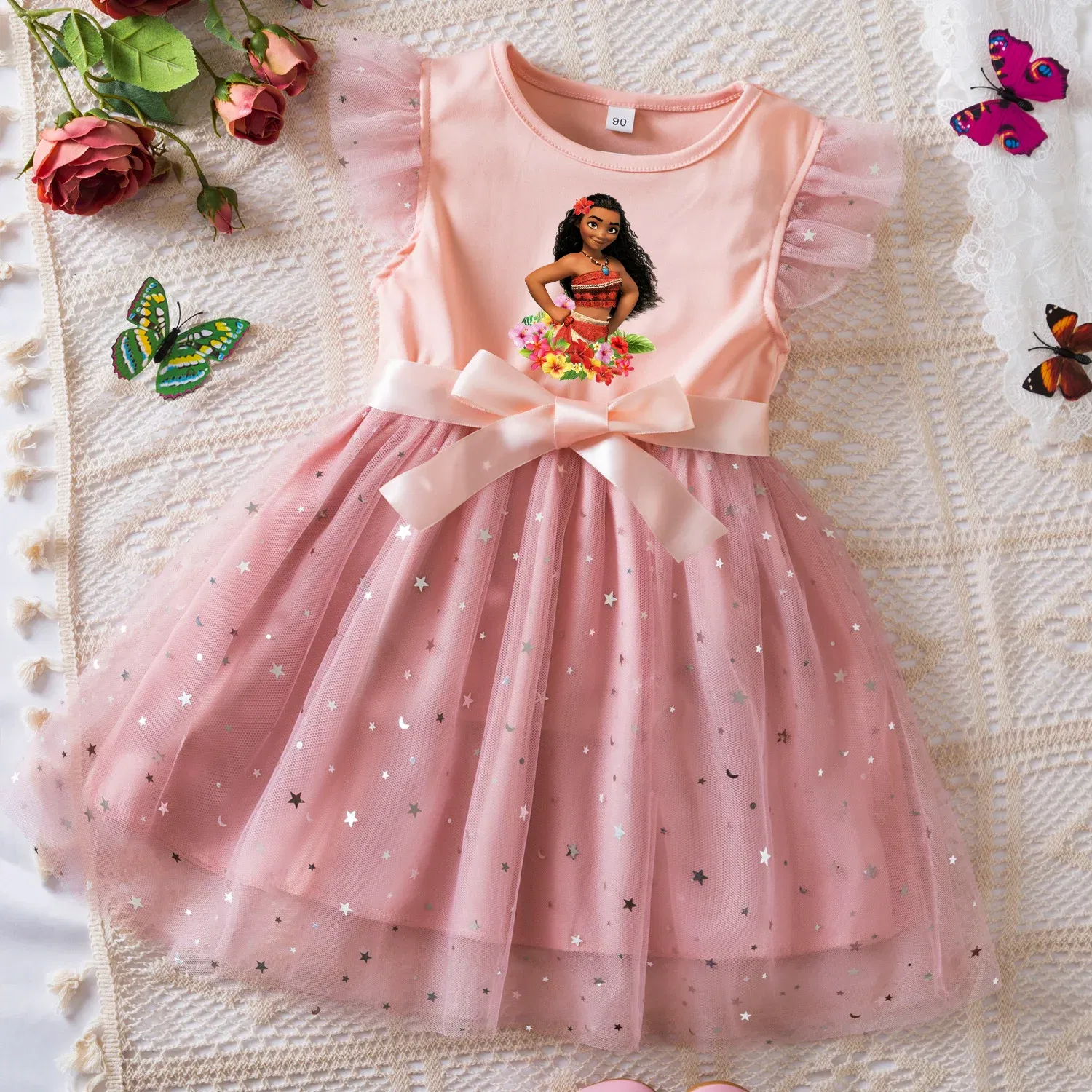 Color: Khaki, Size: XS - Moana Summer Toddler Girl Dress Princess Star Baby Girls Clothes Tulle Tutu Dress for Children Party Dress 2-6Y