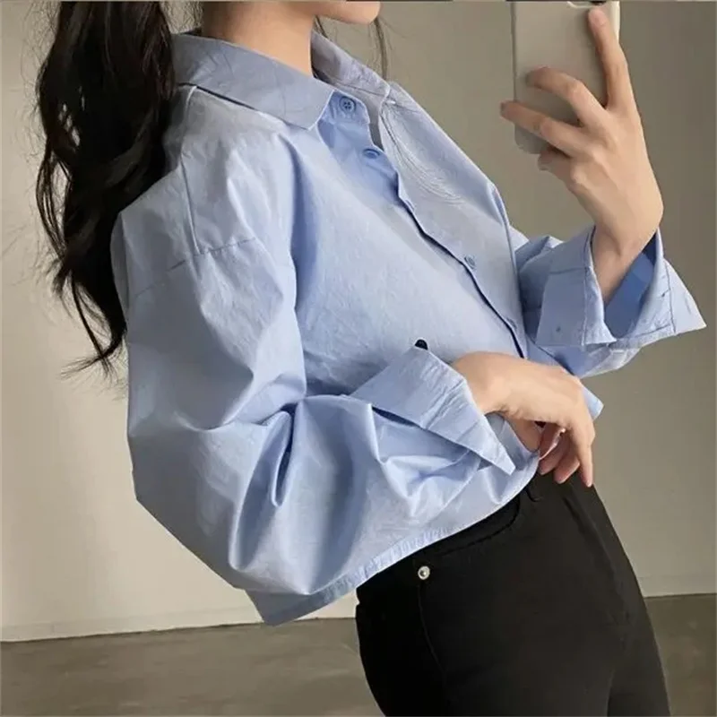 Color: Blue, Size: S - Spring New Casual Long Sleeve Women White Shirt Korea Style Solid Button Split Woman Crop Tops Blouse Party Clothing