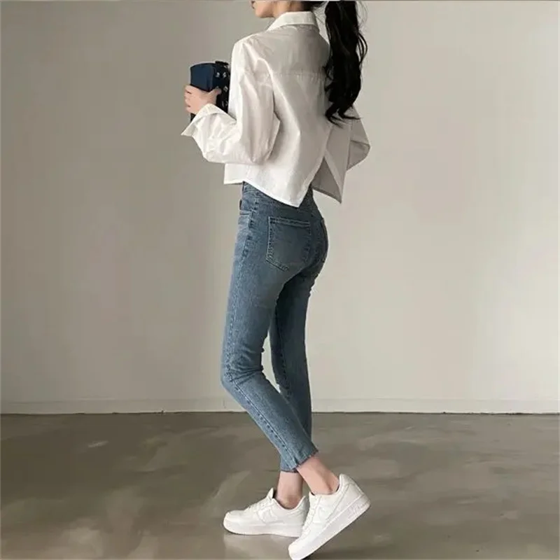 Color: Blue, Size: S - Spring New Casual Long Sleeve Women White Shirt Korea Style Solid Button Split Woman Crop Tops Blouse Party Clothing