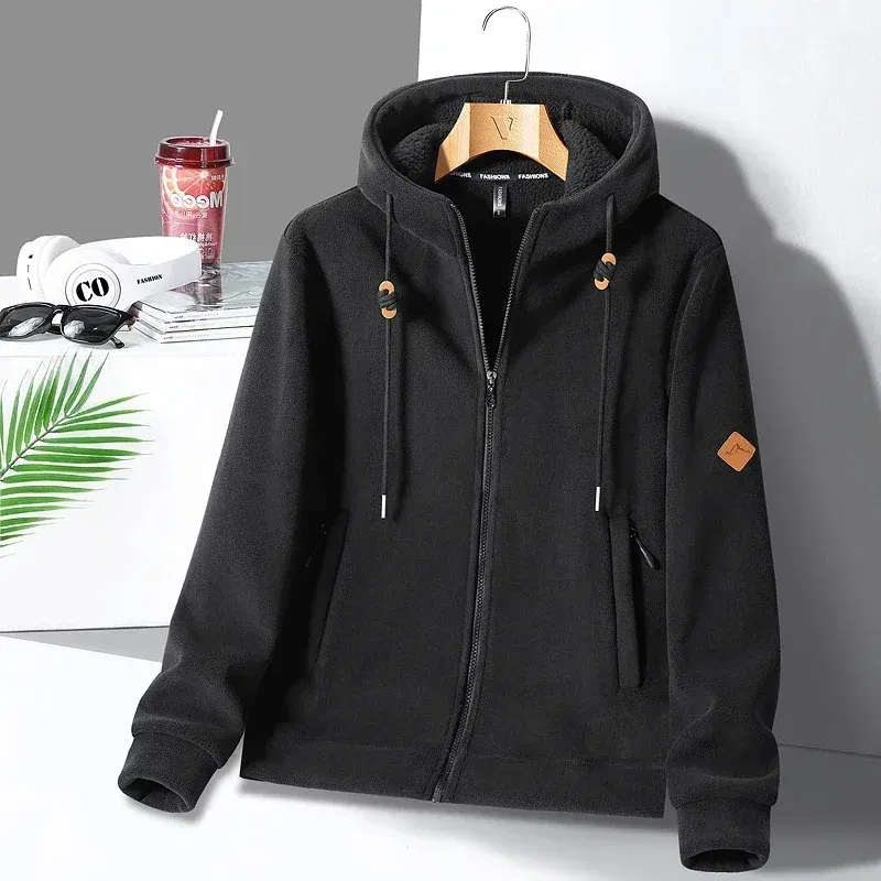 Color: black, Size: XXXL - Winter Warm Cashmere Jacket Mens High-end Ski Fleece Iined Thickened Hoodie Coat Casual Womens Outdoor Camping Cold-proof Jacket