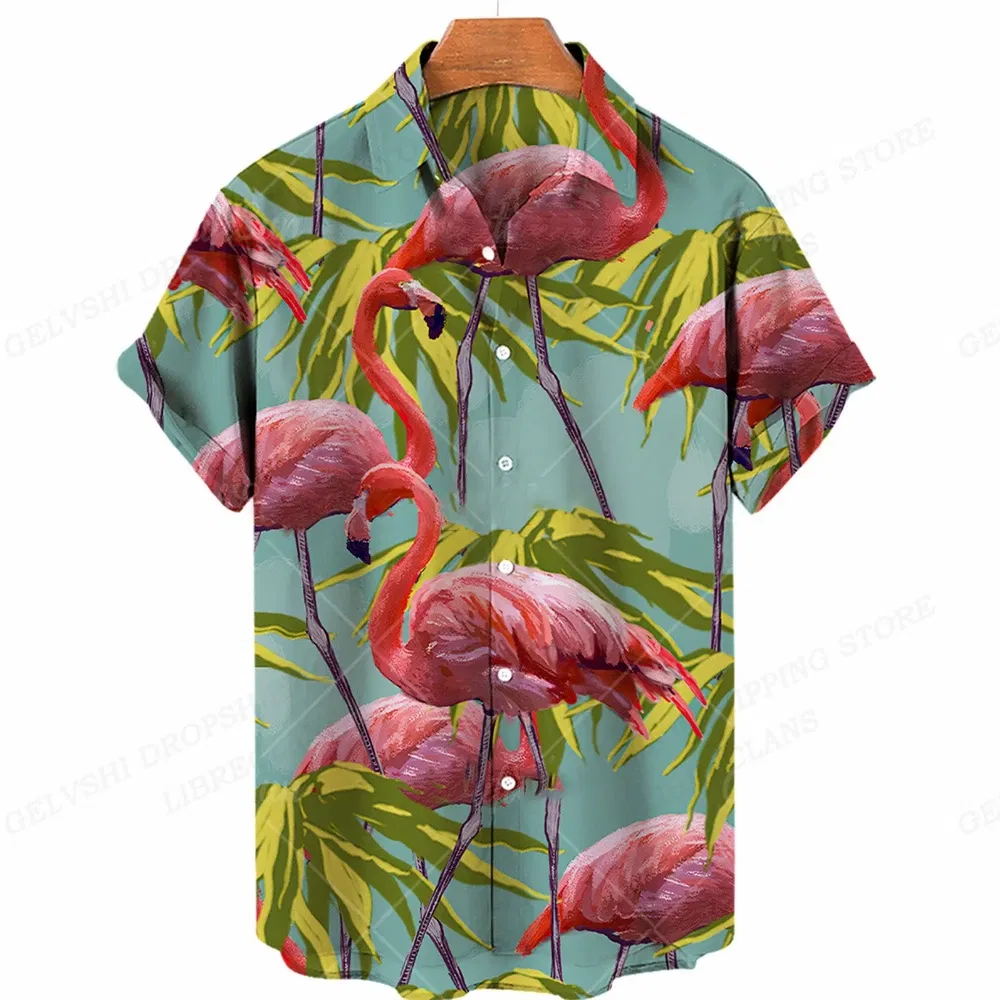 Color: Fuchsia, Size: M - Flamingo Hawaiian Shirts Beach Summer Men's Shirt Tropic Leaf 3D Print Shirts Men Women Fashion Blouse Short Sleeve Vocation