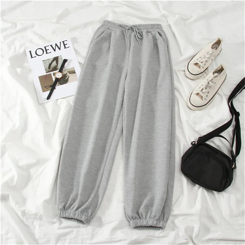 Color: Beige, Size: L - Gray women Sweatpants Autumn New Baggy Fashion Oversize Sports Pants Black winter thick Joggers Streetwear Trousers