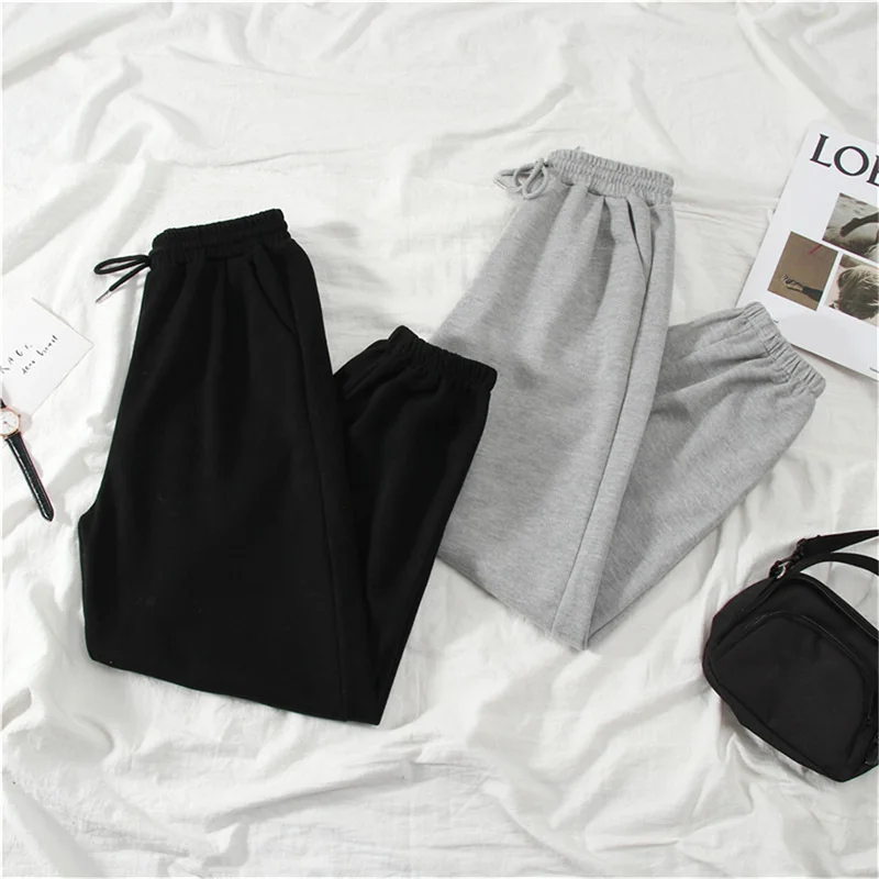 Color: Beige, Size: L - Gray women Sweatpants Autumn New Baggy Fashion Oversize Sports Pants Black winter thick Joggers Streetwear Trousers