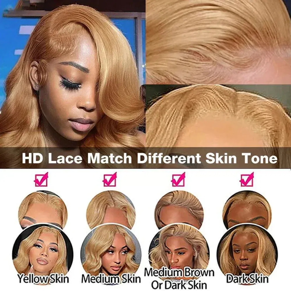 13x6 HD Honey Blonde Body Wave Lace Front Wig for Women Pre-Plucked Transparent Lace Frontal Colored #27 Human Hair Wig on Sale