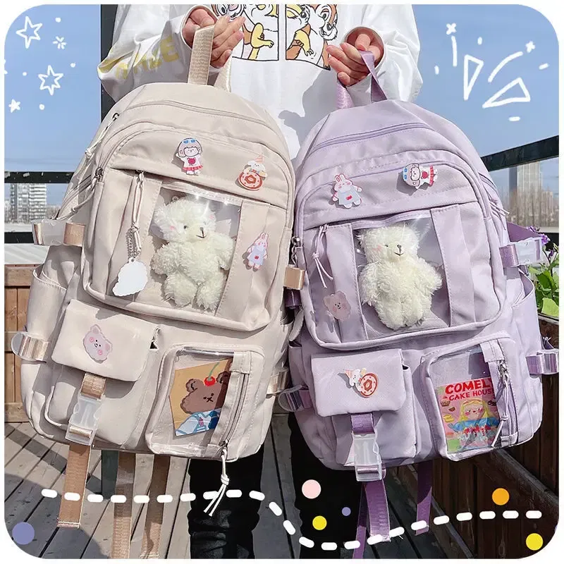 Color: black, Size: 16 inches - Large-capacity Cute Women Multi-Pocket Nylon Backpack Ins Junior High School Student School Bag Female Girl Backpack Laptop Book