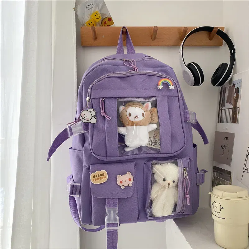 Color: black, Size: 16 inches - Large-capacity Cute Women Multi-Pocket Nylon Backpack Ins Junior High School Student School Bag Female Girl Backpack Laptop Book