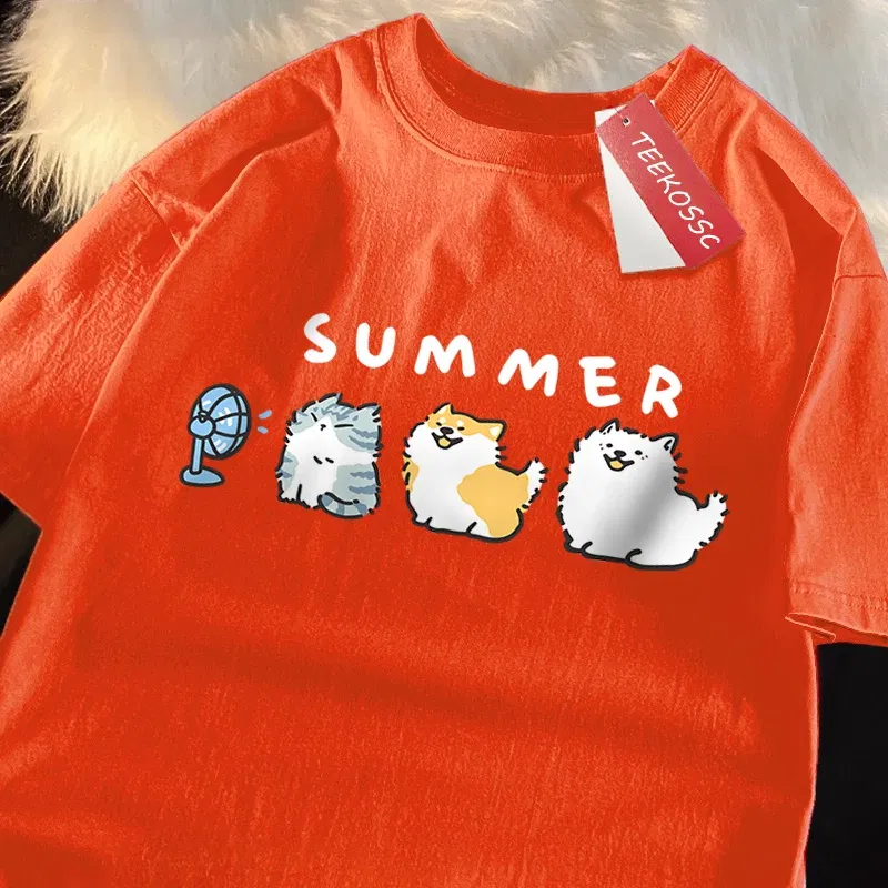 Color: GRAY, Size: M - Cats And Dogs Blowing Fans Print T Shirts Men Women Cute Crewneck Clothes Loose Summer T-Shirts Fashion Cotton Short Sleeve