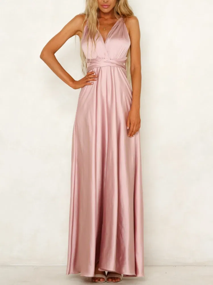 Color: green, Size: L - Summer New Women's Long Dress Fashion Temperament Solid Color Bandage V-neck Sexy Women's Backless High-waisted Swing Dress