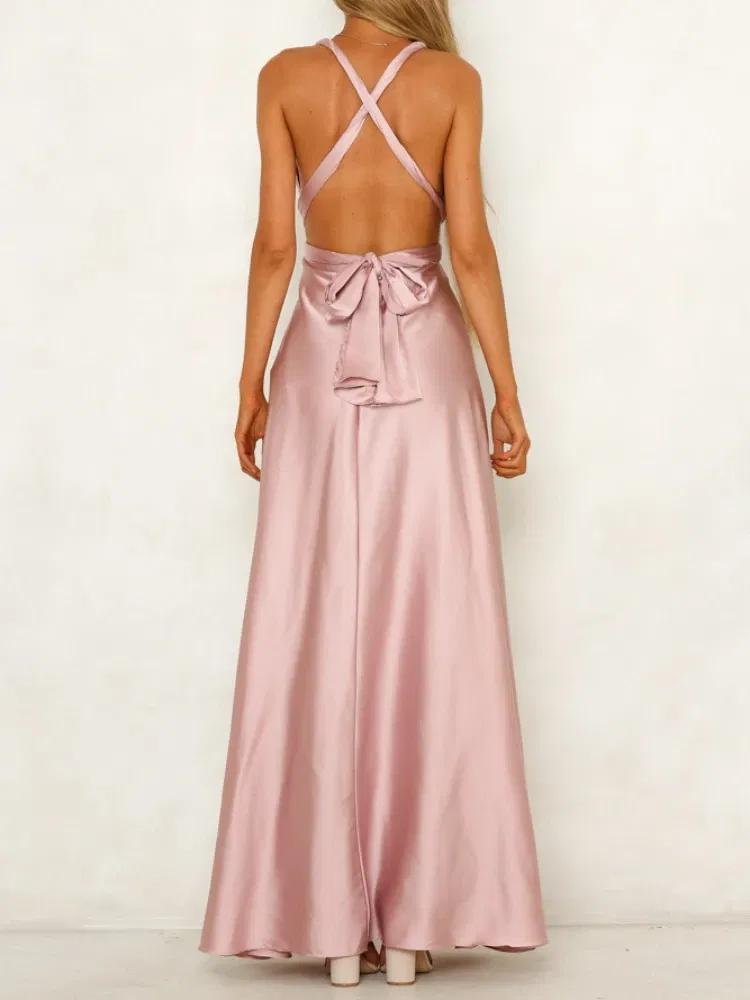 Color: green, Size: L - Summer New Women's Long Dress Fashion Temperament Solid Color Bandage V-neck Sexy Women's Backless High-waisted Swing Dress