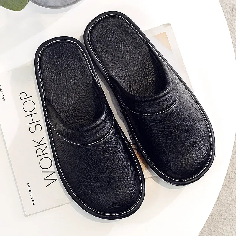Color: Clear, Shoe Size: 6.5 - Mens Bedroom Leather Slippers Unisex Black Home Shoes Big Size 47 48 Man's Slippers Indoor Comfy Males Slides Family Flats Shoes