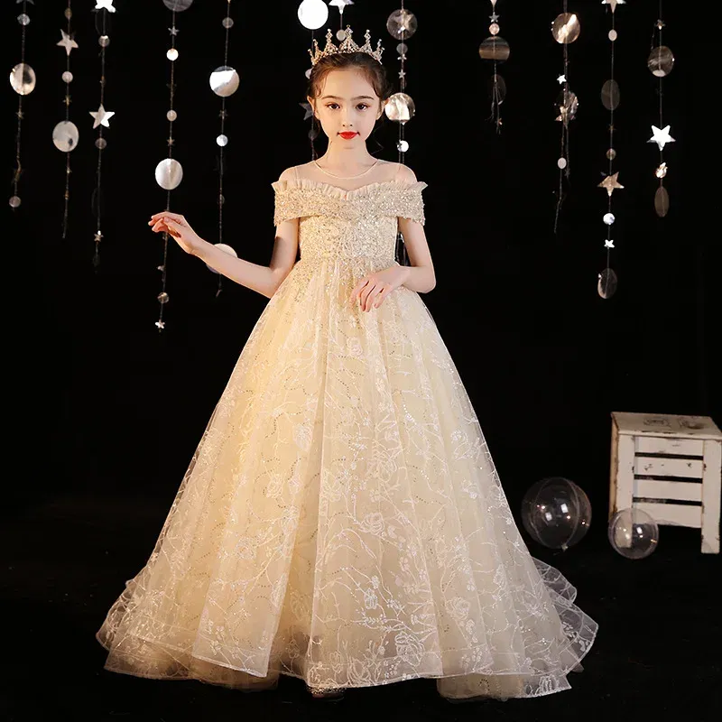 Color: Beige, Kid Size: 6 - Kids Champagne Bridesmaid Evening Dresses for Girls Princess Costume Luxury 2023 Birthday Party Gown Formal Child Wedding Dress